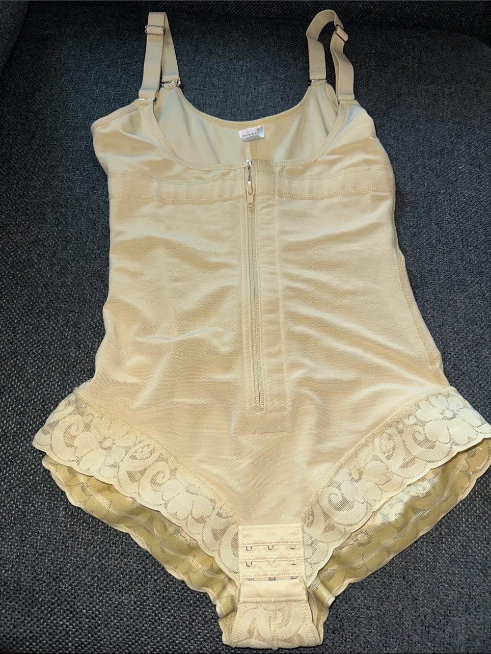 Light Cream Shaping Bodysuit with Front Zip and Lace Hem
